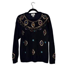 Vintage 90s Exclusive Imports Black Sequin Beaded Harlequin Sweater M Whimsygoth